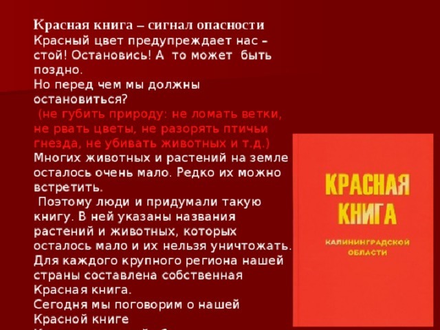 Красное сообщение. Красный цвет сигнал опасности красная книга. Красная книга цвет опасности. Доклад, красная книга, сигнал опасности.. Красная книга Калининградской области.