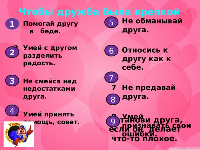 Чтобы дружба была крепкой Не обманывай друга.  Относись к другу как к себе.  Не предавай друга.  Умей признавать свои ошибки. 5 1 Помогай другу  в беде.  Умей с другом разделить радость.  Не смейся над недостатками друга.  Умей принять помощь, совет. 6 2 7 3 8 4  Останови друга,  если он делает  что-то плохое. 9 