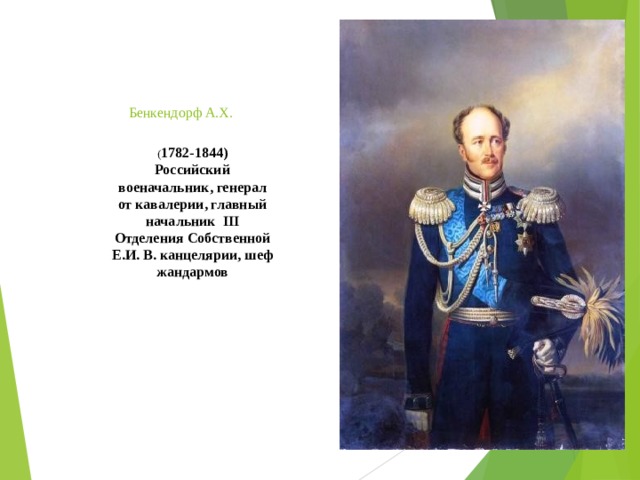 Бенкендорф А.Х.    ( 1782-1844) Российский военачальник , генерал от кавалерии , главный начальник III Отделения Собственной Е.И. В. канцелярии , шеф жандармов  