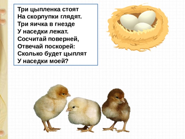 Яиц осталось. Три цыпленка в гнезде. Жили были три цыпленка. Три наседки. Состав числа цыплята.