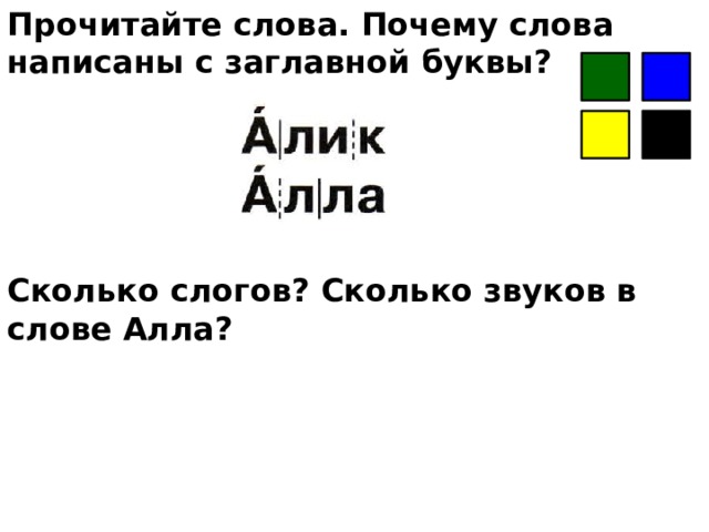 Прочитайте слова. Почему слова написаны с заглавной буквы?      Сколько слогов? Сколько звуков в слове Алла?      
