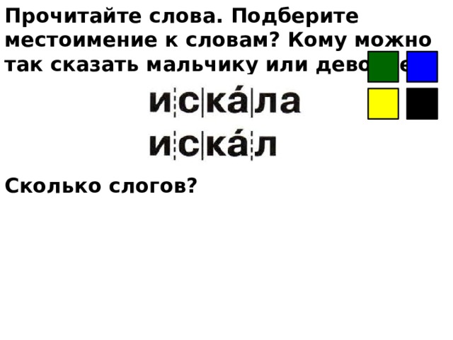Прочитайте слова. Подберите местоимение к словам? Кому можно так сказать мальчику или девочке?     Сколько слогов?      