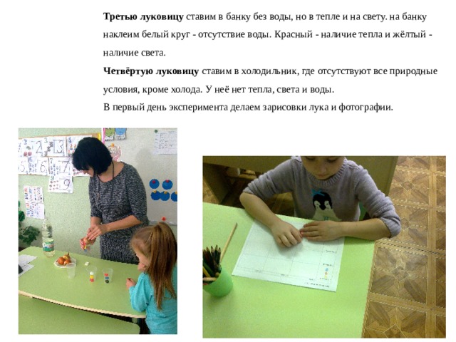 Третью луковицу ставим в банку без воды, но в тепле и на свету. на банку наклеим белый круг - отсутствие воды. Красный - наличие тепла и жёлтый - наличие света. Четвёртую луковицу ставим в холодильник, где отсутствуют все природные условия, кроме холода. У неё нет тепла, света и воды. В первый день эксперимента делаем зарисовки лука и фотографии. 