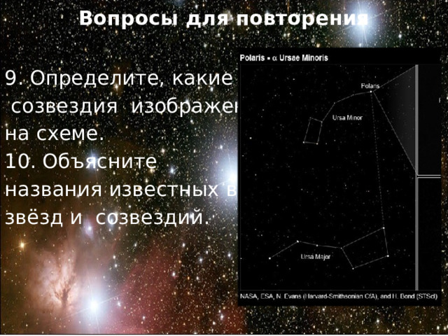 Вопросы для повторения 9. Определите, какие  созвездия изображены на схеме. 10. Объясните названия известных вам звёзд и созвездий. 