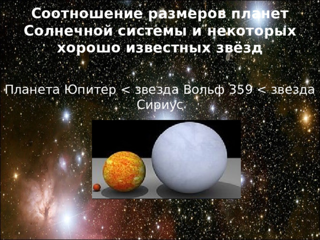 Соотношение размеров планет Солнечной системы и некоторых хорошо известных звёзд Планета Юпитер 