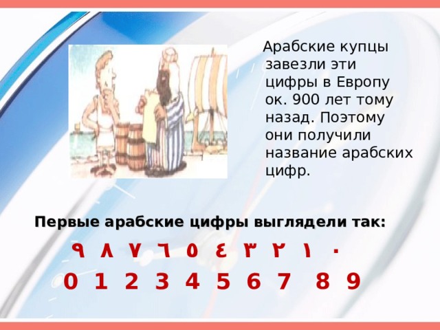  Арабские купцы завезли эти цифры в Европу ок. 900 лет тому назад. Поэтому они получили название арабских цифр.  Первые арабские цифры выглядели так:  ٠  ١  ٢  ٣  ٤  ٥  ٦  ٧  ٨  ٩   0 1 2 3 4 5 6 7 8 9 