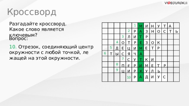 Кроссворд Разгадайте кроссворд. Какое слово является ключевым? 1 2 5 6 4 3 7 8 9 А Т Н М У И С Т Н Ь А О Р З Т Л Р И Вопрос: О Т О Р З Е К 10. От­резо­к, со­еди­ня­ю­щий центр окруж­но­сти с любой точ­кой, ле­жа­щей на этой окруж­но­сти. Е Р Е Д Т Ц М И С Ы Т Я А Ч С И К У Т Р Т Е М И П Р Е Ь К Ц Л У И Р Д И У С А Р 10  