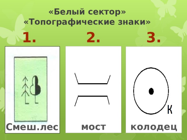 «Белый сектор»  «Топографические знаки» 1. 2. 3. мост колодец Смеш.лес 