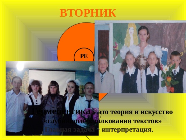    ВТОРНИК   РЕ  Герменевтика   - это теория и искусство  «глубинного истолкования текстов»  Главная задача – интерпретация. 