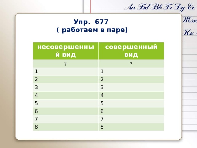 Упр. 677 ( работаем в паре) несовершенный вид совершенный вид ? ? 1 1 2 2 3 3 4 4 5 5 6 6 7 7 8 8 