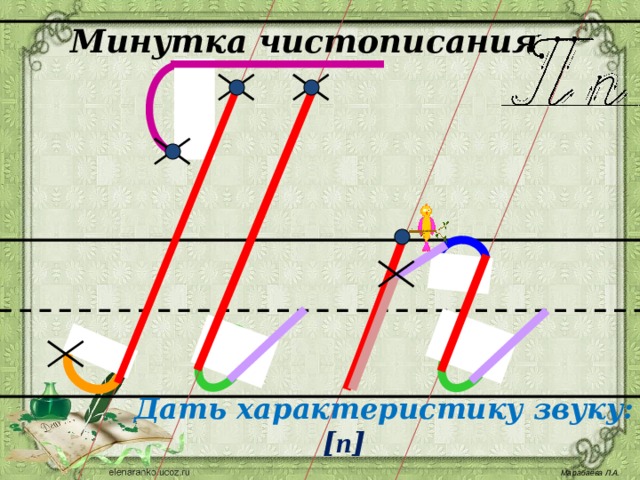 Минутка чистописания Каждый шаг алгоритма написания буквы запускается кликом мыши. Автор работы: Марабаева Л.А., учитель начальных классов ГОУ СОШ №1207 г. Москва Дать характеристику звуку:  [ п ] Марабаева Л.А .  