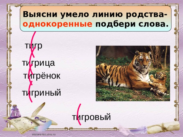 Выясни умело линию родства- однокоренные подбери слова.  тигр тигрица тигрёнок тигриный тигровый 