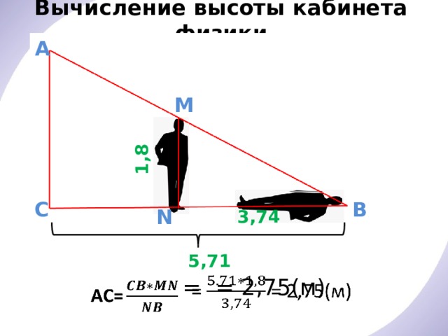 Вычисление высоты кабинета физики 1,8 A M C B N 3,74 5,71 = = 2,75(м)   