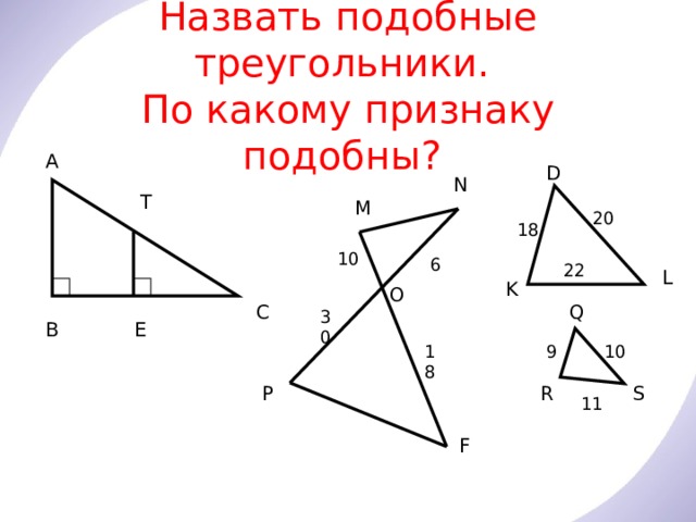 Назвать подобные треугольники.  По какому признаку подобны? А D N Т М 20 18 10 6 22 L K O С Q 30 Е В 9 18 10 S R P 11 F 