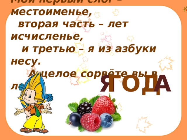 Мой первый слог – местоименье,  вторая часть – лет исчисленье,  и третью – я из азбуки несу.  А целое сорвёте вы в лесу.    Я ГОД А 