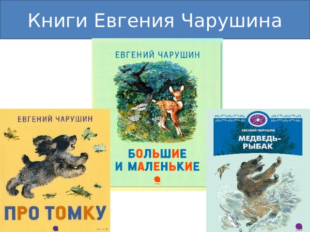 Книги Евгения Чарушина Чарушин попробовал иначе подойти к оформлению книг для детей. На рисунках Чарушина начала появляться перспектива, стало обозначаться пространство. Менялась также техника: он принялся работать акварелью и гуашью, но не широкими мазками, а прорабатывая очень тщательно мелкие детали.  