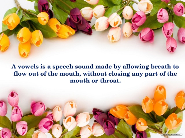 A vowels is a speech sound made by allowing breath to flow out of the mouth, without closing any part of the mouth or throat. 