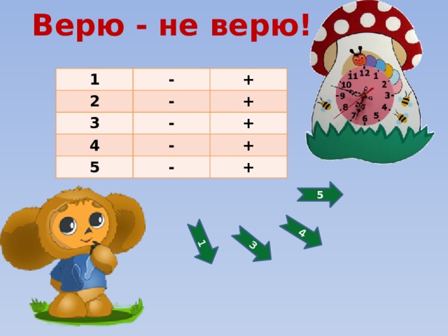 1 3 4 Верю - не верю!   1 - 2 + - 3 + - 4 - + 5 - + + 5 