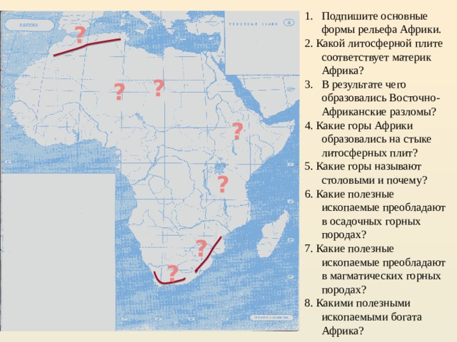 Рельеф африки 7 класс контурные. Формы рельефа Африки. Восточно Африканский разлом на карте Африки. Формы рельефа Африки 7 класс. Формы рельефа Африки на карте.