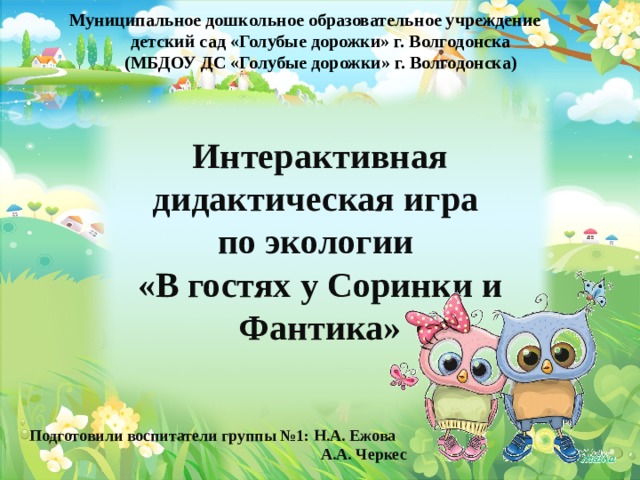 Муниципальное дошкольное образовательное учреждение детский сад «Голубые дорожки» г. Волгодонска  (МБДОУ ДС «Голубые дорожки» г. Волгодонска) Интерактивная дидактическая игра по экологии «В гостях у Соринки и Фантика» Подготовили воспитатели группы №1: Н.А. Ежова  А.А. Черкес 