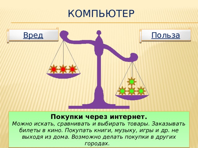 Компьютер Польза Вред Покупки через интернет. Можно искать, сравнивать и выбирать товары. Заказывать билеты в кино. Покупать книги, музыку, игры и др. не выходя из дома. Возможно делать покупки в других городах.  