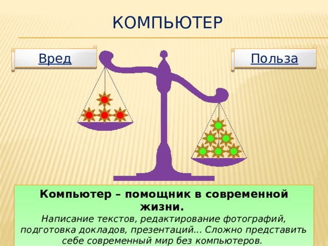Компьютер Польза Вред Компьютер – помощник в современной жизни. Написание текстов, редактирование фотографий, подготовка докладов, презентаций... Сложно представить себе современный мир без компьютеров.  