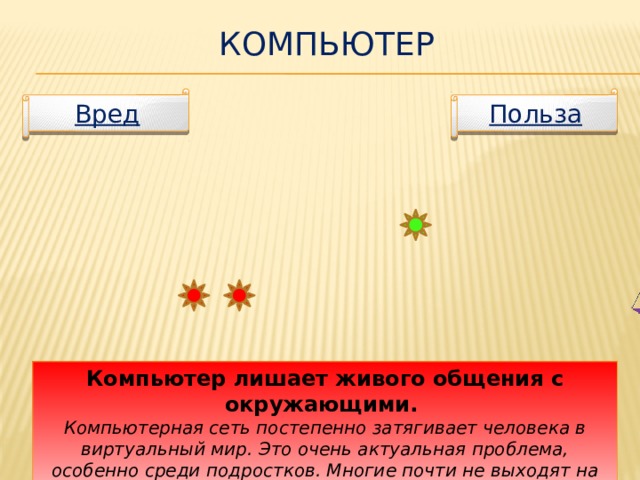 Компьютер Польза Вред Компьютер лишает живого общения с окружающими. Компьютерная сеть постепенно затягивает человека в виртуальный мир. Это очень актуальная проблема, особенно среди подростков. Многие почти не выходят на улицу, проводя время у мониторов.  