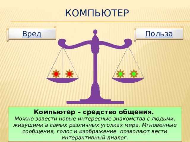 Компьютер Польза Вред Компьютер – средство общения. Можно завести новые интересные знакомства с людьми, живущими в самых различных уголках мира. Мгновенные сообщения, голос и изображение  позволяют вести интерактивный диалог. 
