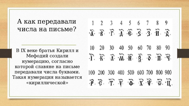 А как передавали числа на письме?   В IX веке братья Кирилл и Мефодий создали нумерацию, согласно которой славяне на письме передавали числа буквами. Такая нумерация называется «кириллической» 