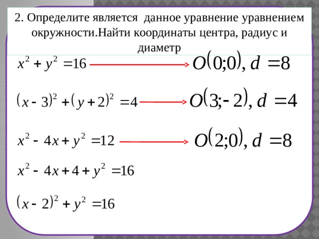 2. Определите является данное уравнение уравнением окружности.Найти координаты центра, радиус и диаметр 