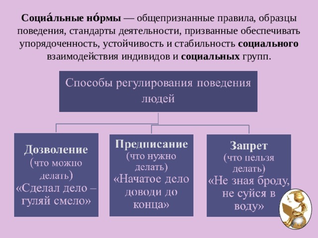 Социа́льные  но́рмы — общепризнанные правила, образцы поведения, стандарты деятельности, призванные обеспечивать упорядоченность, устойчивость и стабильность социального взаимодействия индивидов и социальных групп. 