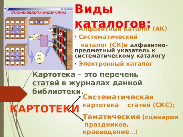       Виды каталогов:  Алфавитный каталог (АК)  Систематический  каталог (СК)и алфавитно- предметный указатель к систематическому каталогу  Электронный каталог Картотека – это перечень статей в журналах данной библиотеки.  Систематическая  картотека статей (СКС); Тематические  (сценарии праздников, краеведение …) КАРТОТЕКИ 