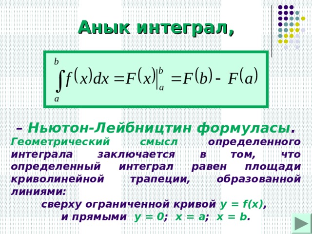 Анык интеграл, – Ньютон-Лейбництин формуласы . Геометрический смысл определенного интеграла заключается в том, что определенный интеграл равен площади криволинейной трапеции, образованной линиями: сверху ограниченной кривой у = f(x) ,  и прямыми у = 0 ; х = а ; х = b . 