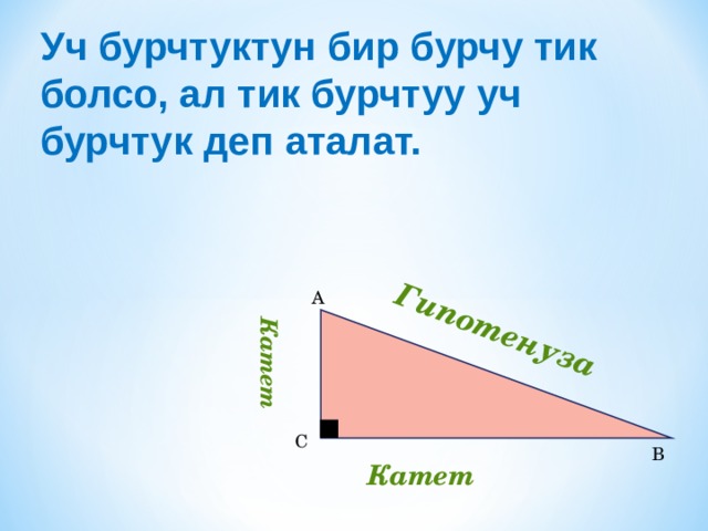 Гипотенуза Катет Уч бурчтуктун бир бурчу тик болсо, ал тик бурчтуу уч бурчтук деп аталат. А С В Катет 