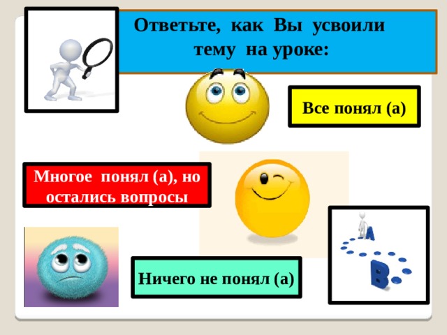   Ответьте, как Вы усвоили тему на уроке:   Все понял (а) Многое понял (а), но остались вопросы Ничего не понял (а) 