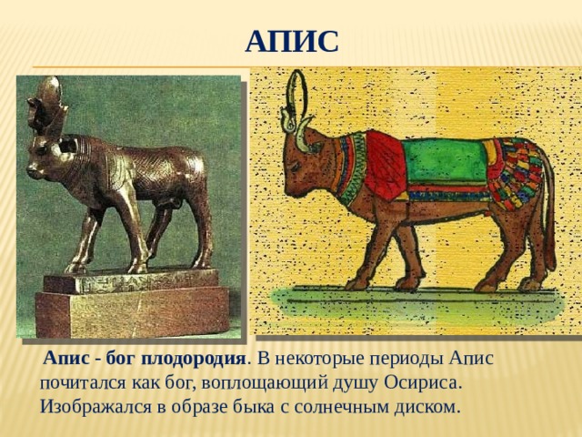 Апис  Апис - бог плодородия . В некоторые периоды Апис почитался как бог, воплощающий душу Осириса. Изображался в образе быка с солнечным диском. 