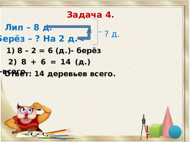 Задача 4. Лип – 8 д. ? д. Берёз – ? На 2 д. 1) 8 – 2 = 6 (д.)- берёз  2) 8 + 6 = 14 (д.) -всего. Ответ: 14 деревьев всего. 