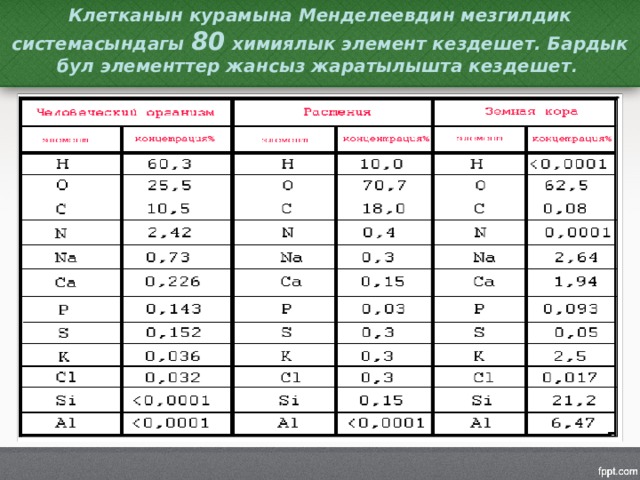 Клетканын курамына Менделеевдин мезгилдик системасындагы 80 химиялык элемент кездешет. Бардык бул элементтер жансыз жаратылышта кездешет . 