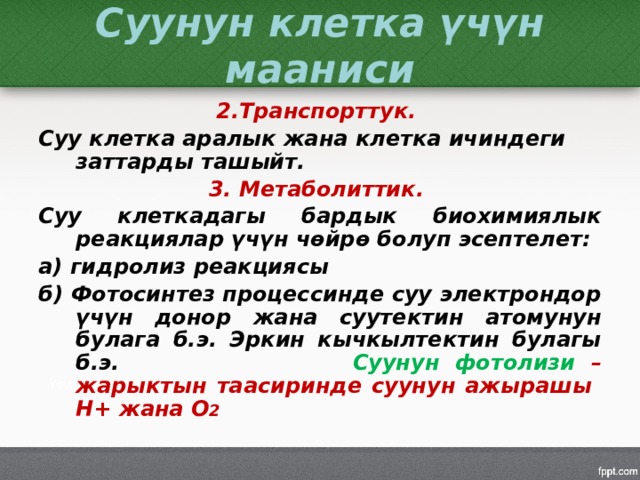 Суунун клетка үчүн мааниси 2.Транспорттук.  Суу клетка аралык жана клетка ичиндеги заттарды ташыйт. 3. Метаболиттик. Суу клеткадагы бардык биохимиялык реакциялар үчүн чөйрө болуп эсептелет: а) гидролиз реакциясы б) Фотосинтез процессинде суу электрондор үчүн донор жана суутектин атомунун булага б.э. Эркин кычкылтектин булагы б.э. Суунун фотолизи – жарыктын таасиринде суунун ажырашы Н+ жана О 2  