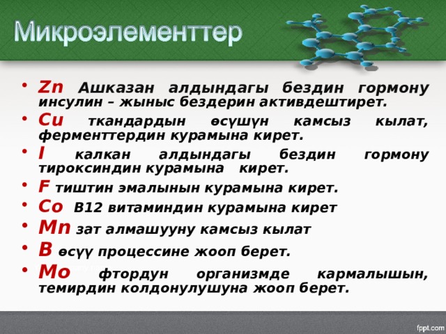Zn Ашказан алдындагы бездин гормону  инсулин – жыныс бездерин активдештирет. Cu ткандардын өсүшүн камсыз кылат, ферменттердин курамына кирет. I калкан алдындагы бездин гормону тироксиндин курамына кирет. F тиштин эмалынын курамына кирет. Co В12 витаминдин курамына кирет Mn зат алмашууну камсыз кылат B өсүү процессине жооп берет. Mo фтордун организмде кармалышын, темирдин колдонулушуна жооп берет. 