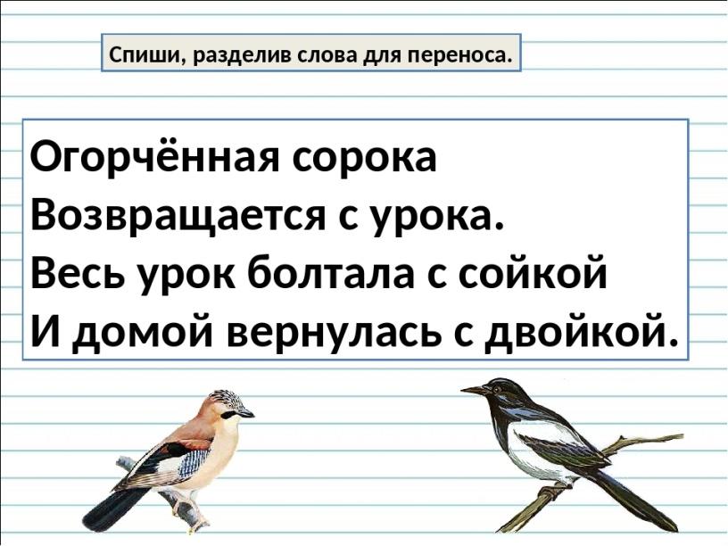 Сорока составь предложение. Огорчённая сорока возвращается с урока. Разделить слова для переноса огорченная сорока возвращается с урока. Списать разделить слова для переноса. Спиши разделяя слова для переноса.