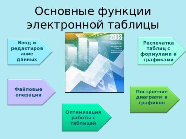 Основные функции электронной таблицы Распечатка таблиц с формулами и графиками Ввод и редактирование данных  Файловые операции Построение диаграмм и графиков  Оптимизация работы с таблицей 