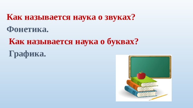 Как называется наука о звуках? Фонетика.  Как называется наука о буквах?  Графика. 