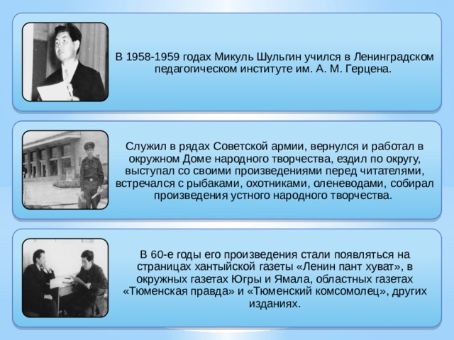 В 1958-1959 годах Микуль Шульгин учился в Ленинградском педагогическом институте им. А. М. Герцена. Служил в рядах Советской армии, вернулся и работал в окружном Доме народного творчества, ездил по округу, выступал со своими произведениями перед читателями, встречался с рыбаками, охотниками, оленеводами, собирал произведения устного народного творчества. В 60-е годы его произведения стали появляться на страницах хантыйской газеты «Ленин пант хуват», в окружных газетах Югры и Ямала, областных газетах «Тюменская правда» и «Тюменский комсомолец», других изданиях. 