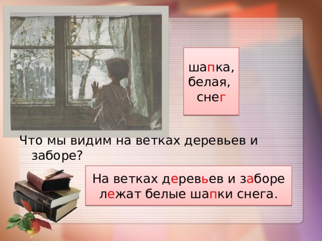 ша п ка, белая, сне г Что мы видим на ветках деревьев и заборе? На ветках д е рев ь ев и з а боре л е жат белые ша п ки снега. 