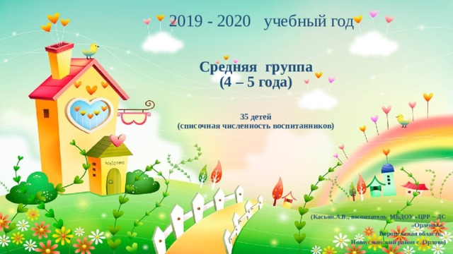 2019 - 2020 учебный год Средняя группа  (4 – 5 года)    35 детей  (списочная численность воспитанников)   (Касьян.А.В., воспитатель МБДОУ «ЦРР – ДС «Орлёнок», Воронежская область, Новоусманский район с. Орлово)  