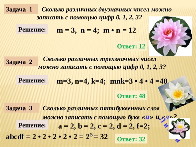 Л и л и и Задача 1  Сколько различных двузначных чисел можно записать с помощью цифр 0, 1, 2, 3? Решение: m = 3, n = 4; m • n = 12  Ответ: 12  Сколько различных трехзначных чисел можно записать с помощью цифр 0, 1, 2, 3? Задача 2 Решение: m=3, n=4, k=4; mnk=3 • 4 • 4 =48 Ответ: 48 Сколько различных пятибуквенных слов можно записать с помощью букв « и » и « л »? Задача 3   a = 2, b = 2, c = 2, d = 2, f=2; Решение:  = 32 2 • 2 • 2 • 2 • 2 = abcdf = Ответ: 32 
