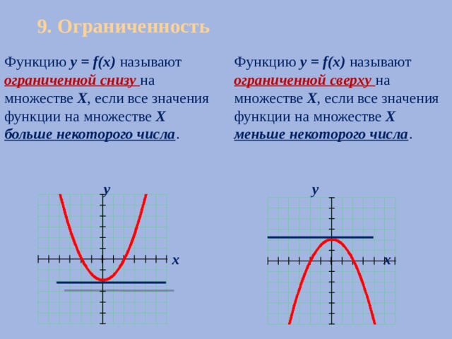 9. Ограниченность Функцию у = f(х) называют ограниченной снизу на множестве Х , если все значения функции на множестве Х больше некоторого числа . Функцию у = f(х) называют ограниченной сверху на множестве Х , если все значения функции на множестве Х  меньше некоторого числа . у у х х 