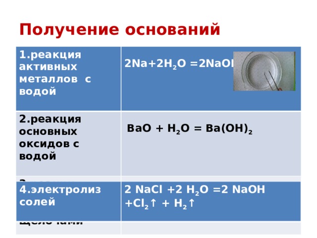 Получение оснований 1.реакция активных металлов с водой   2.реакция основных оксидов с водой 3.реакция растворов солей с щелочами 2Na+2H 2 O =2NaOH + H 2   BaО + H 2 O = Ba(OH) 2  CuSO 4 +2 NaOH = Na 2 SO 4 + Cu(OH) 2 4.электролиз солей 2 NaCl +2 H 2 O =2 NaOH +Cl 2 ↑ + H 2 ↑  