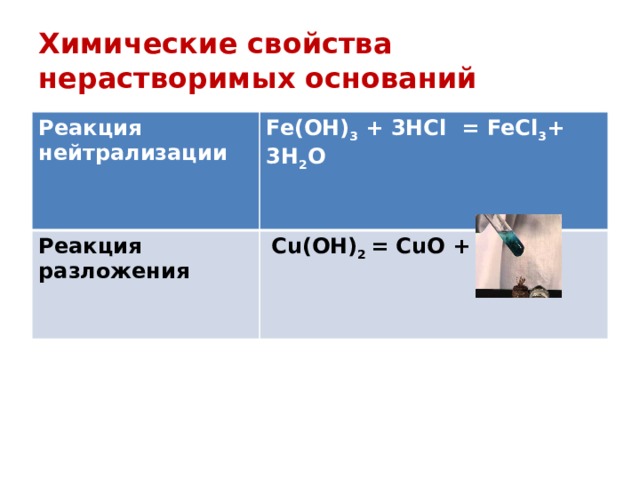 Химические свойства  нерастворимых оснований Реакция нейтрализации Fe(OH) 3 + 3HCl = FeCl 3 + 3H 2 O Реакция разложения   Cu(OH) 2 = CuO + H 2 O   